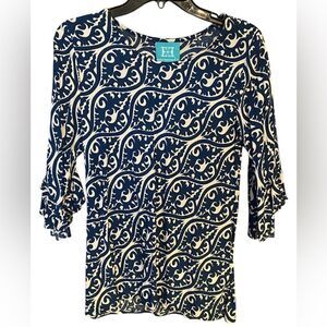 Escapada Sz S Navy Blue White Patterned Flutter Sleeves Rayon Summer Top